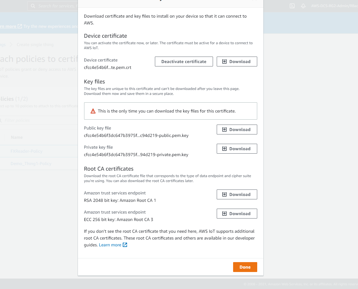 AWS Things Page certs