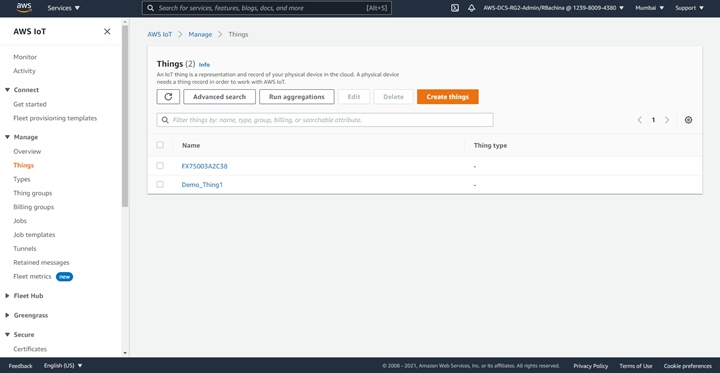 AWS Things Page after adding adding device