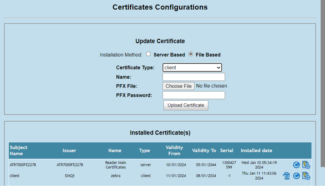 Certificate Configuration Page with Installed Certificates