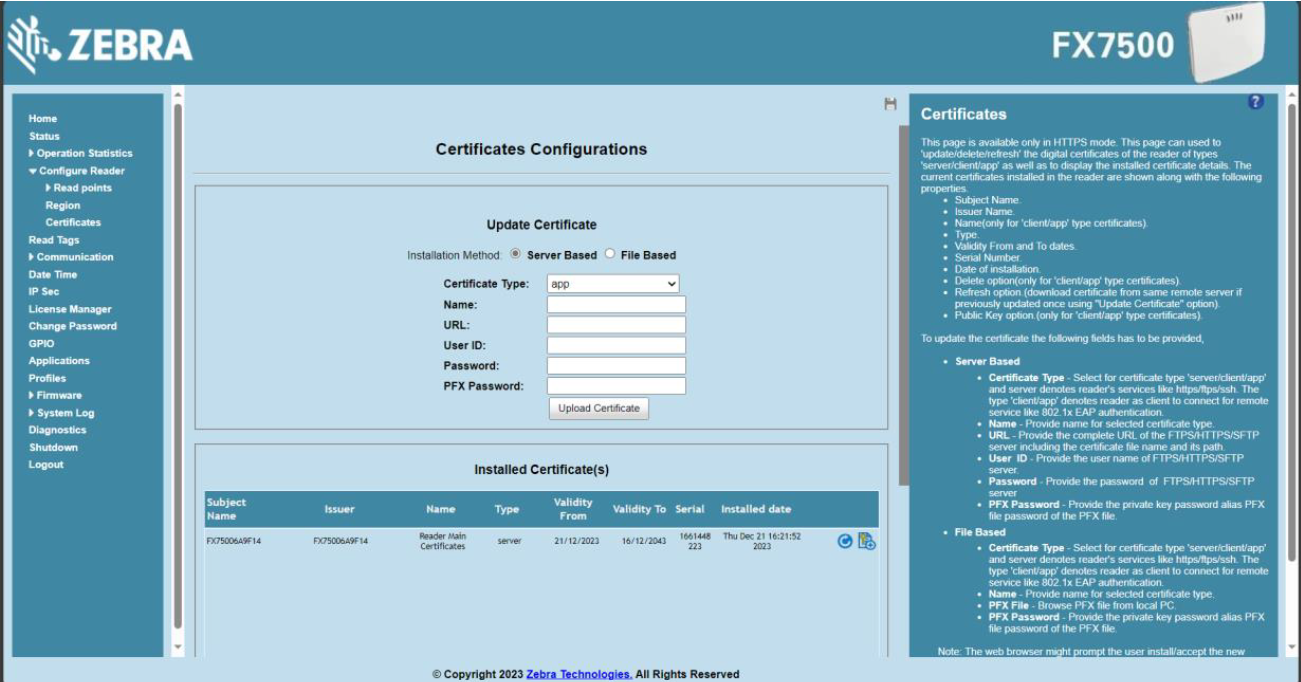 Certificate Configuration Page